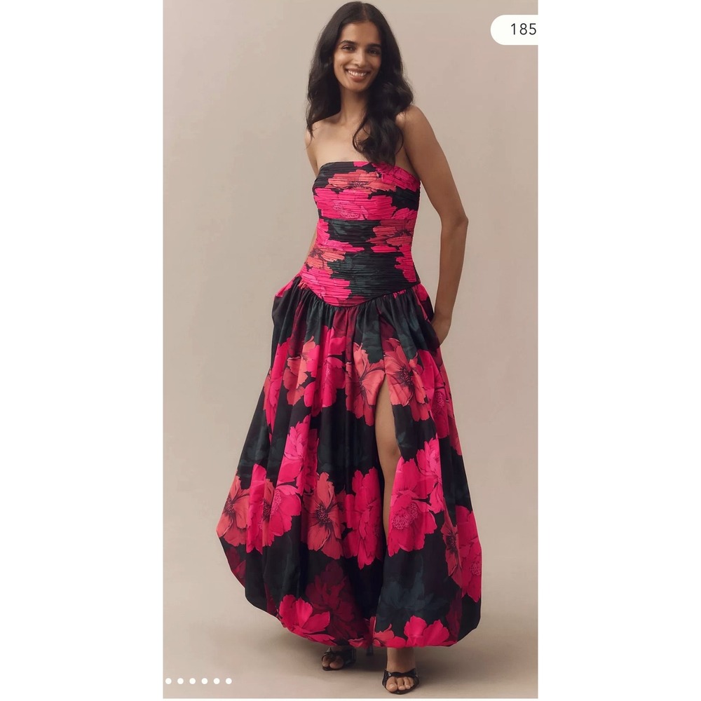 HUTCH Georgina Strapless Ruched Drop-waist Maxi Dress Pink Black Size 14‎ NEW